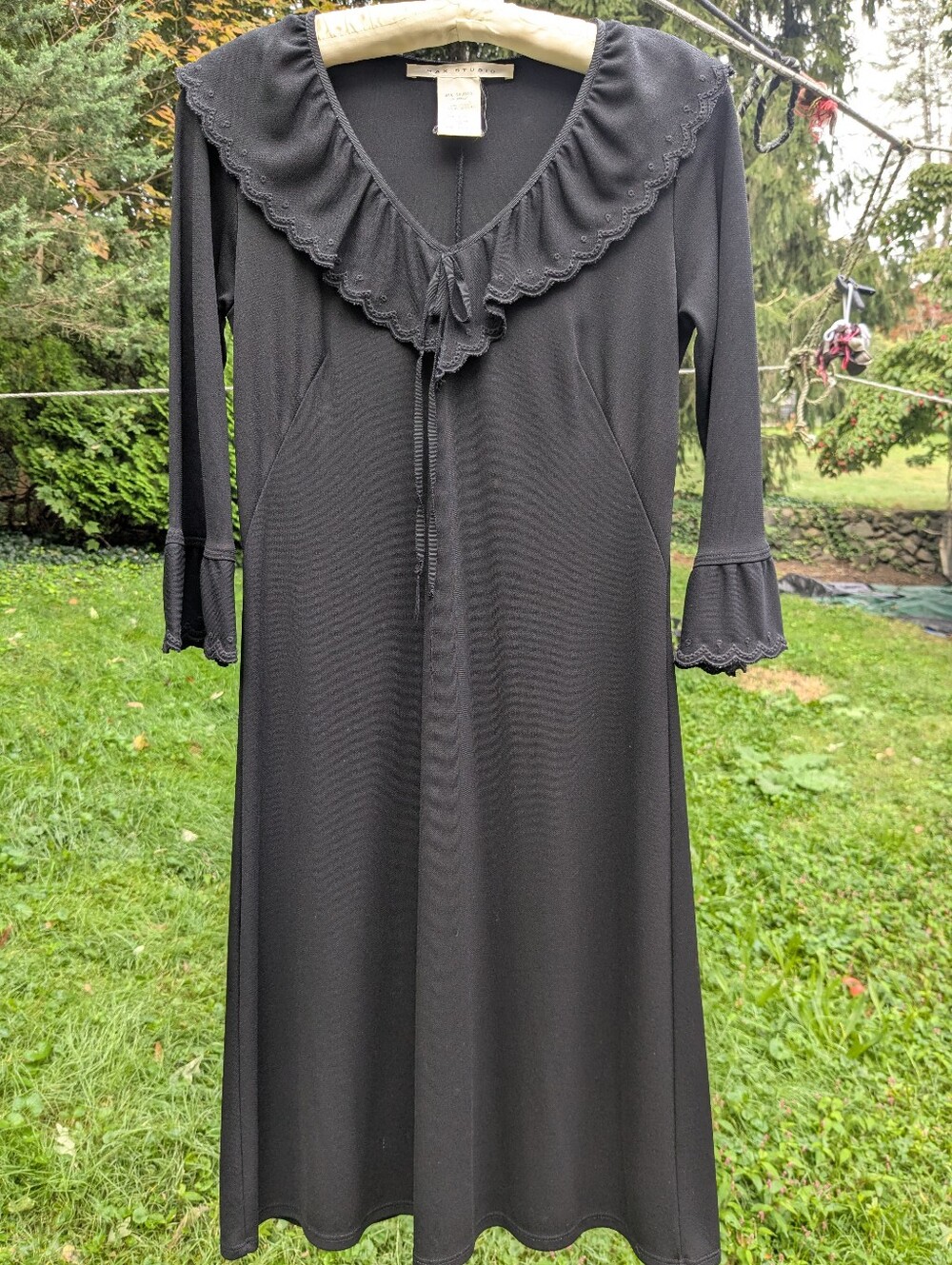 Max Studio Black Ruffled V-Neck Shimmery Midi Dress Y2k